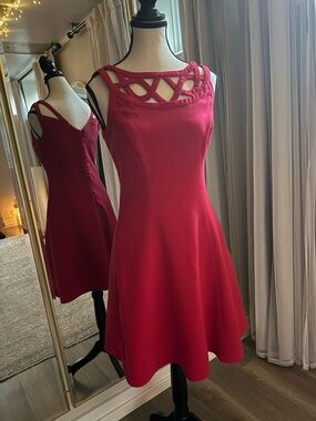 NWT White House Black Market Fit & Flare Dress Lattice Neck Fire Engine Red 0